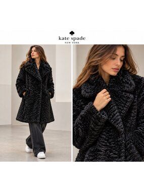 Kate Spade New York Women's Black Textured Faux Fur Coat Size M